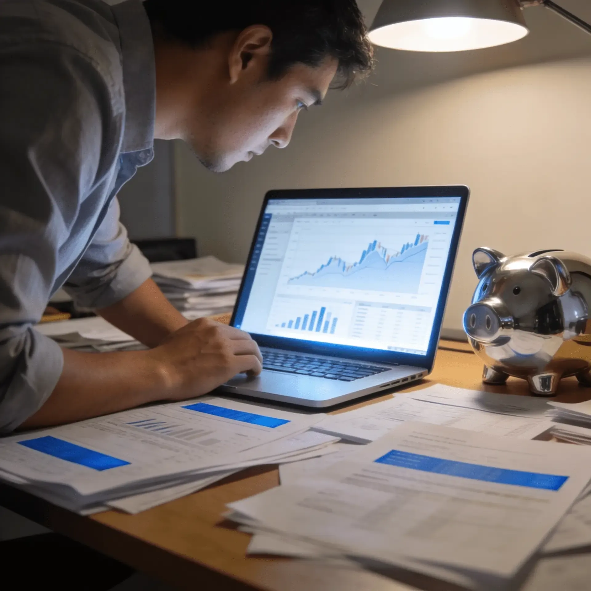 Homme analysant des graphiques boursiers sur son ordinateur portable, entouré de relevés financiers