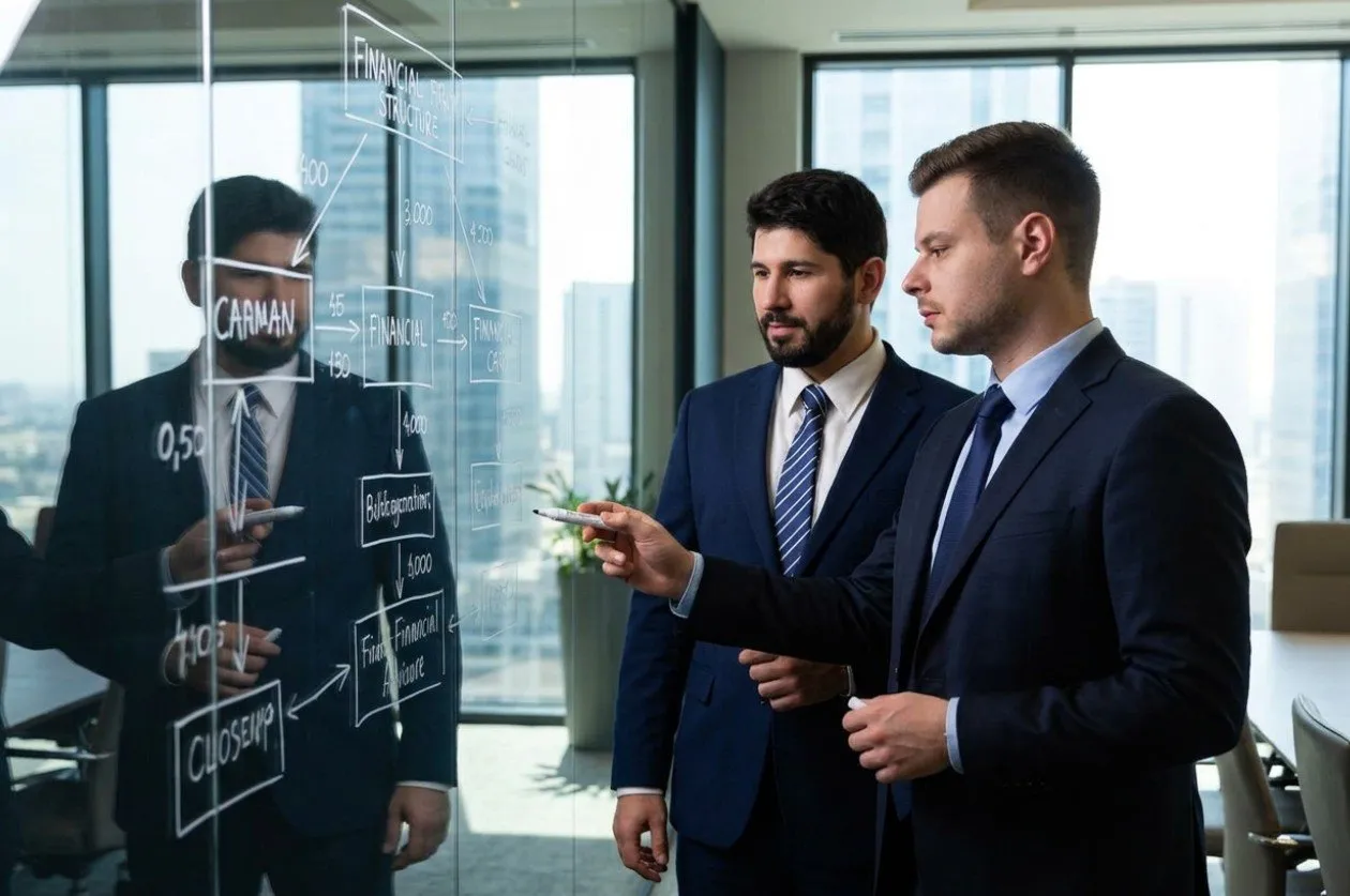 Mathieu et Akim travaillant sur une stratégie patrimoniale au tableau