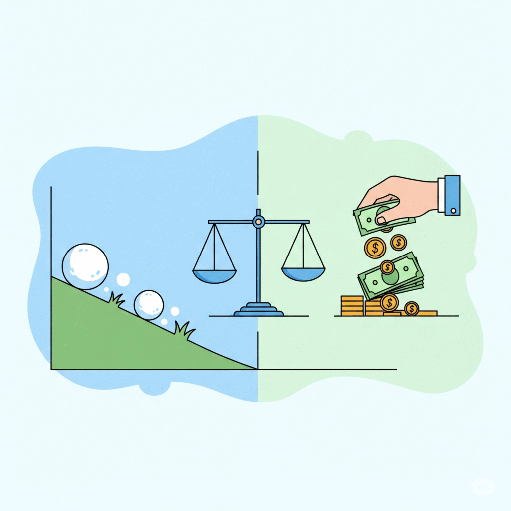 À gauche, une boule de neige qui grossit en roulant sur une pente, symbolisant la capitalisation. À droite, une main qui reçoit régulièrement des pièces ou des billets, représentant les dividendes.