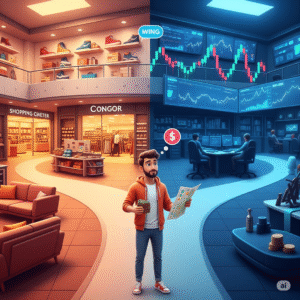 Un personnage debout au centre, hésitant devant deux chemins. Le premier chemin est un centre commercial coloré et animé, rempli de vitrines avec des baskets, canapés et objets de consommation, symbolisant la tentation d’acheter impulsivement. Le second chemin, plus calme et structuré, mène vers une salle de marché ou un graphique boursier stylisé en arrière-plan, avec des courbes ascendantes et descendantes, symbolisant l’investissement réfléchi.