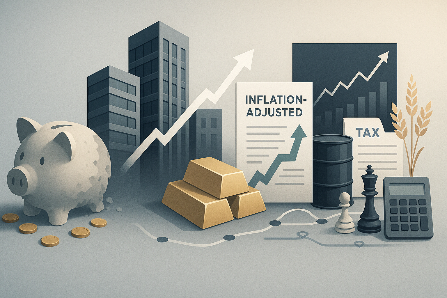 Illustration d'investissements face à l'inflation : immobilier, obligations indexées, or, matières premières et fiscalité