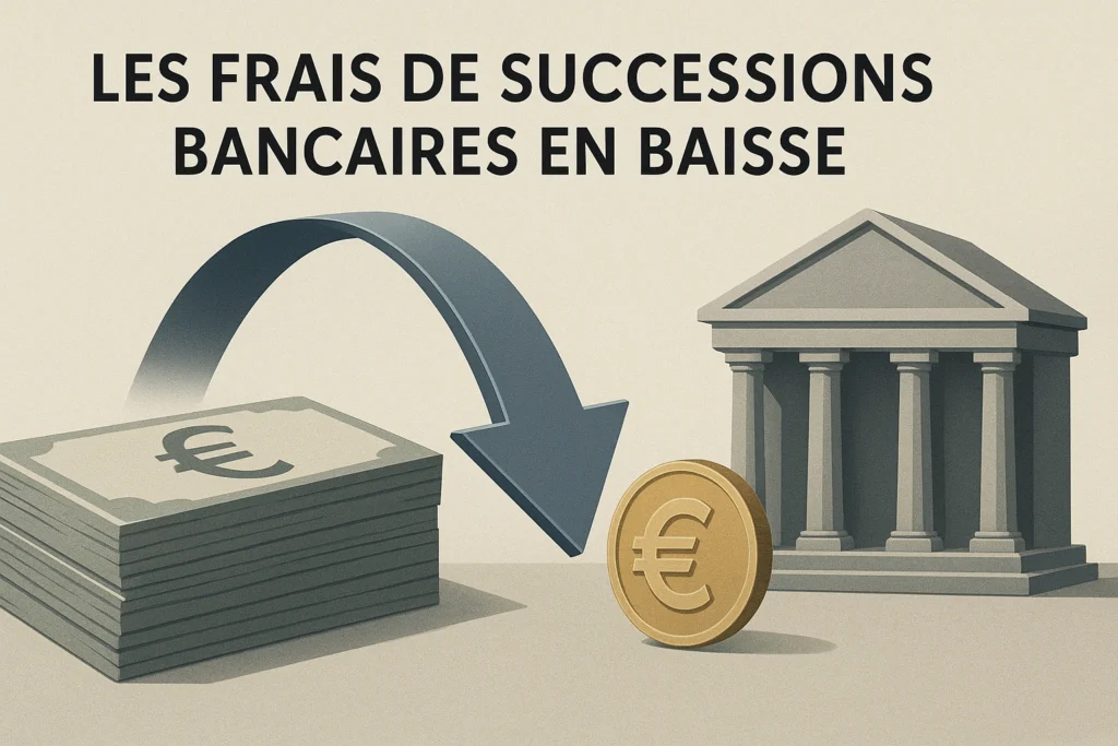 Illustration professionnelle représentant la baisse des frais de successions bancaires en France, avec des éléments financiers modernes, minimalistes et réalistes.
