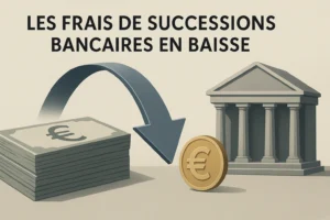Illustration professionnelle représentant la baisse des frais de successions bancaires en France, avec des éléments financiers modernes, minimalistes et réalistes.